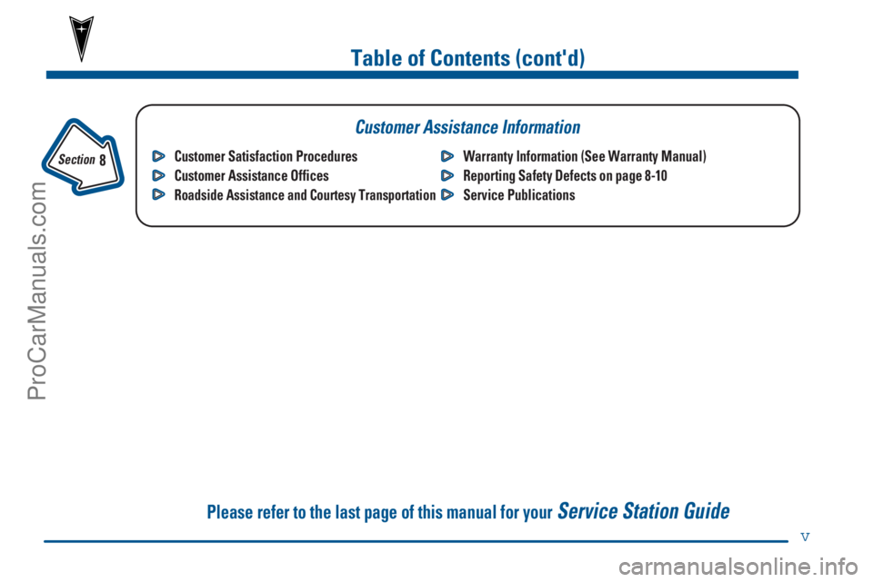 PONTIAC GRAND-AM 2000  Owners Manual v
Table of Contents (contd)
Customer Assistance Information
In the Index you will find an alphabetical listing of almost every subject in this manual. 
 You can use it to quickly find something you w