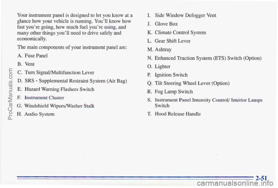 PONTIAC GRAND-AM 1996 Owners Manual Your instlument panel is designed to let you know at a
glance how your vehicle is running. You’ll know how
fast you’re going,
how much fuel you’re using, and
many other PONTIAC GRAND-AM 1996 Owners Manual Your instlument panel is designed to let you know at a
glance how your vehicle is running. You’ll know how
fast you’re going,
how much fuel you’re using, and
many other