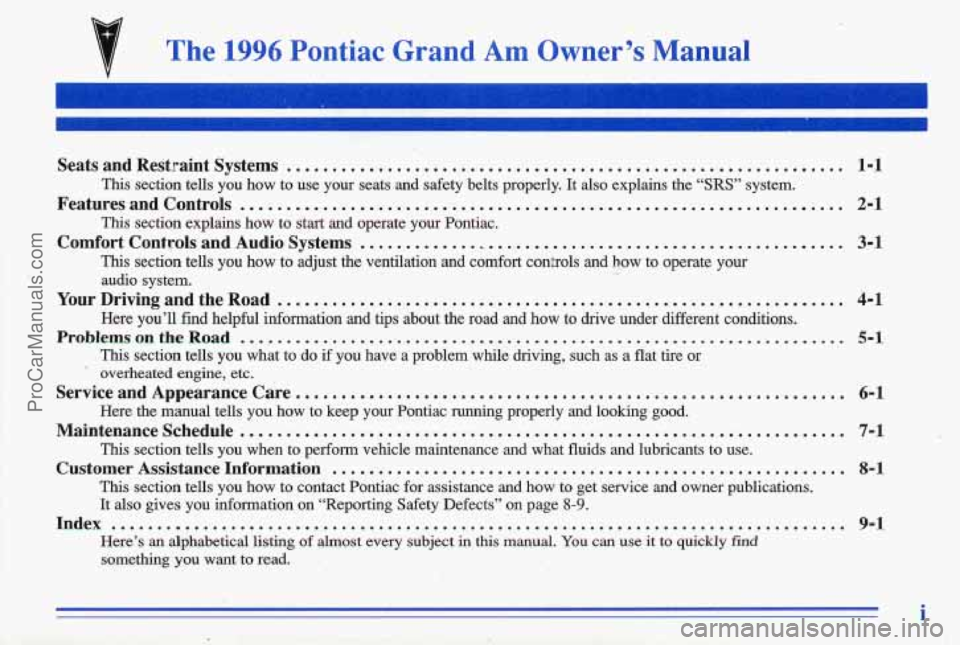 PONTIAC GRAND-AM 1996  Owners Manual The 1996 Pontiac  Grand Am Owner’s  Manual 
Seats  and  Restraint  Systems ............................................................. 1-1 
Features  and  Controls ................................