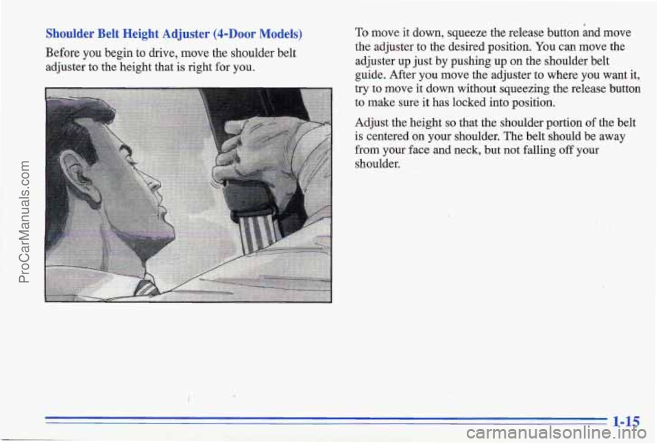 PONTIAC GRAND-AM 1996 Owners Manual I 
Shoulder  Belt  Height  Adjuster  (&Door  Models) To  move it down,  squeeze  the  release  button  and  move 
Before 
you begin  to  drive,  move  the  shoulder belt 
adjuster  to  the  height  th