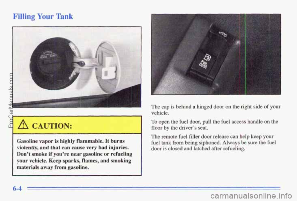 PONTIAC GRAND-AM 1996 Owners Manual Filling Your Tank
Gasoline vapor is highly flammable. It burns
violently,
and that can cause very bad injuries.
Don’t smoke if you’re near gasoline or refueling
your vehicle. Keep sp PONTIAC GRAND-AM 1996 Owners Manual Filling Your Tank
Gasoline vapor is highly flammable. It burns
violently,
and that can cause very bad injuries.
Don’t smoke if you’re near gasoline or refueling
your vehicle. Keep sp