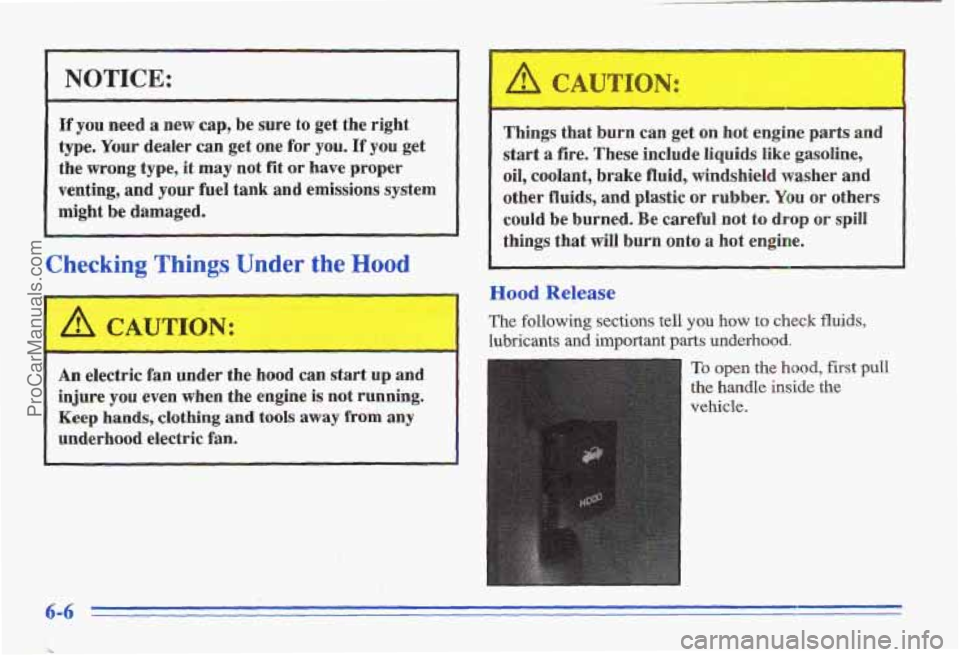 PONTIAC GRAND-AM 1996 Owners Manual NOTICE:
If you need a new cap, be sure to get the right
type.
Your dealer can get one for you. If you get
the wrong type, it may not fit or have proper
venting, and your fuel tank and PONTIAC GRAND-AM 1996 Owners Manual NOTICE:
If you need a new cap, be sure to get the right
type.
Your dealer can get one for you. If you get
the wrong type, it may not fit or have proper
venting, and your fuel tank and