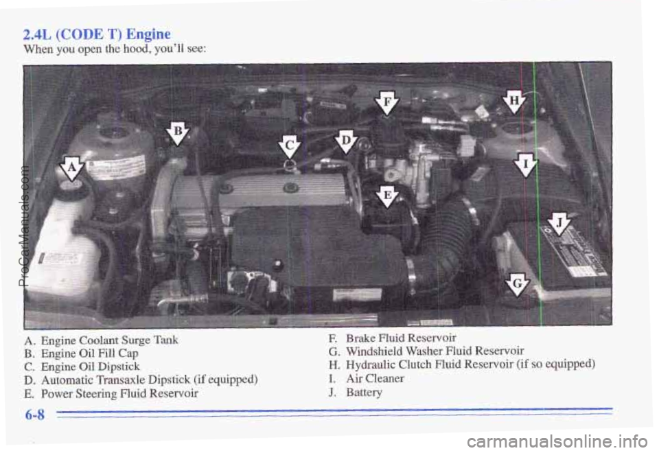 PONTIAC GRAND-AM 1996 Owners Manual 2.4L (CODE T) Engine
When you open the hood, you’ll see:
Brake Fluid Reservoir
B. Engine Oil Fill Cap G. Windshield Washer Fluid Reservoir
C. Engine Oil Dipstick M. Hydraulic Clutch Fluid PONTIAC GRAND-AM 1996 Owners Manual 2.4L (CODE T) Engine
When you open the hood, you’ll see:
Brake Fluid Reservoir
B. Engine Oil Fill Cap G. Windshield Washer Fluid Reservoir
C. Engine Oil Dipstick M. Hydraulic Clutch Fluid