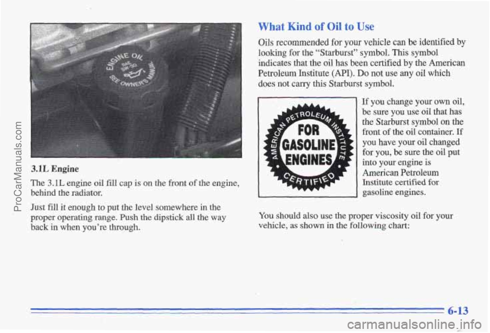 PONTIAC GRAND-AM 1996 Owners Manual What Kind of’Oil to Use
3.1L Engine
The 3.1L engine oil fill cap is on the front of the engine,
behind the radiator.
Just fill it enough to put the level somewhere in the
proper PONTIAC GRAND-AM 1996 Owners Manual What Kind of’Oil to Use
3.1L Engine
The 3.1L engine oil fill cap is on the front of the engine,
behind the radiator.
Just fill it enough to put the level somewhere in the
proper