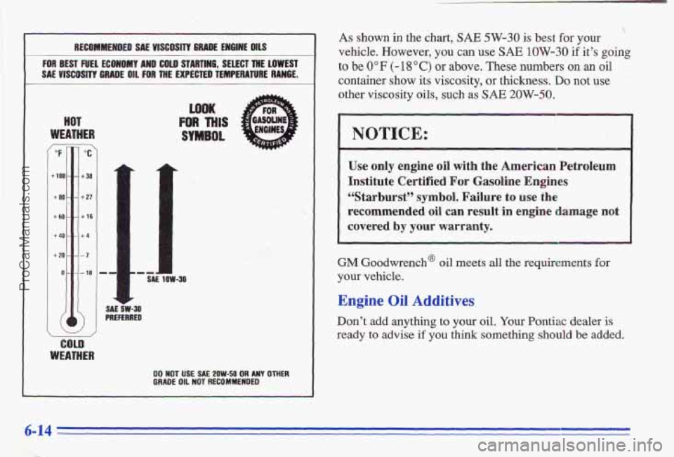 PONTIAC GRAND-AM 1996 Owners Manual RECOMMENDED SAE VISCOSITY GRADE gNOINE OILS
FOR BEST FUEL ECONOMY AND COLD STARTING, SELECT THE LOWEST
SAL llscosnrr GRADE OIL FOR THE EXPECTED TEMPERATURE RAW6E.
HOT
WEATHER
/
SAE iw-# PR PONTIAC GRAND-AM 1996 Owners Manual RECOMMENDED SAE VISCOSITY GRADE gNOINE OILS
FOR BEST FUEL ECONOMY AND COLD STARTING, SELECT THE LOWEST
SAL llscosnrr GRADE OIL FOR THE EXPECTED TEMPERATURE RAW6E.
HOT
WEATHER
/
SAE iw-# PR