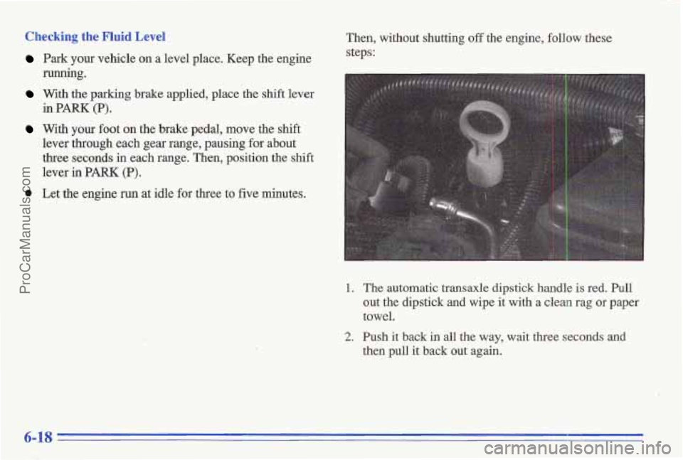 PONTIAC GRAND-AM 1996 Owners Manual Checking the Fluid Level
Park your vehicle on a level place. Keep the engine
running.
With the parking brake applied, place the shift lever
in
PARK (P). I
With your foot on the brake PONTIAC GRAND-AM 1996 Owners Manual Checking the Fluid Level
Park your vehicle on a level place. Keep the engine
running.
With the parking brake applied, place the shift lever
in
PARK (P). I
With your foot on the brake