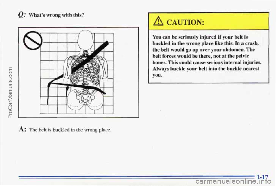 PONTIAC GRAND-AM 1996 Owners Manual &.’ What’s wrong  with  this? 
A: The belt is buckled in the wrong place. 
-. 
’f 
A CAUTION: -1 
You  can be seriously  injured if your  belt is 
buckled  in the  wrong  place  like this. In 
a