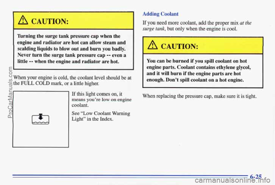 PONTIAC GRAND-AM 1996 Owners Manual A CAUTION:
Turning the surge tank pressure cap when the
engine and radiator are hot can allow steam and
scalding liquids to blow out and burn you badly.
Never turn the surge tan PONTIAC GRAND-AM 1996 Owners Manual A CAUTION:
Turning the surge tank pressure cap when the
engine and radiator are hot can allow steam and
scalding liquids to blow out and burn you badly.
Never turn the surge tan