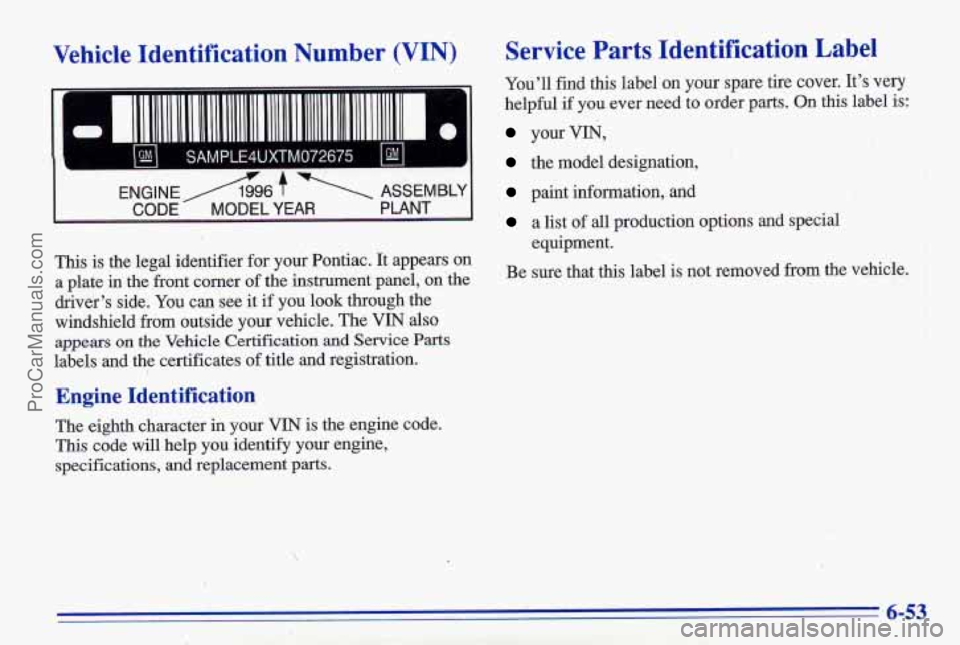 PONTIAC GRAND-AM 1996  Owners Manual Vehicle  Identification  Number (VIN) 
SAMPLE4UXTM072675 bl 
ENGINEAG f ASSEMBLY 
CODE MODEL YEAR PLANT 
This  is  the  legal  identifier for your  Pontiac.  It  appears  on 
a  plate  in  the  front 