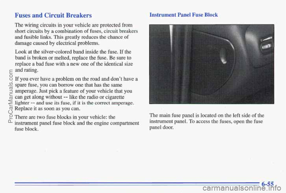 PONTIAC GRAND-AM 1996  Owners Manual Fuses and Circuit  Breakers 
The  wiring  circuits  in  your  vehicle  are  protected  from short  circuits  by 
a combination  of fuses,  circuit  breakers 
and  fusible  links.  This  greatly  reduc