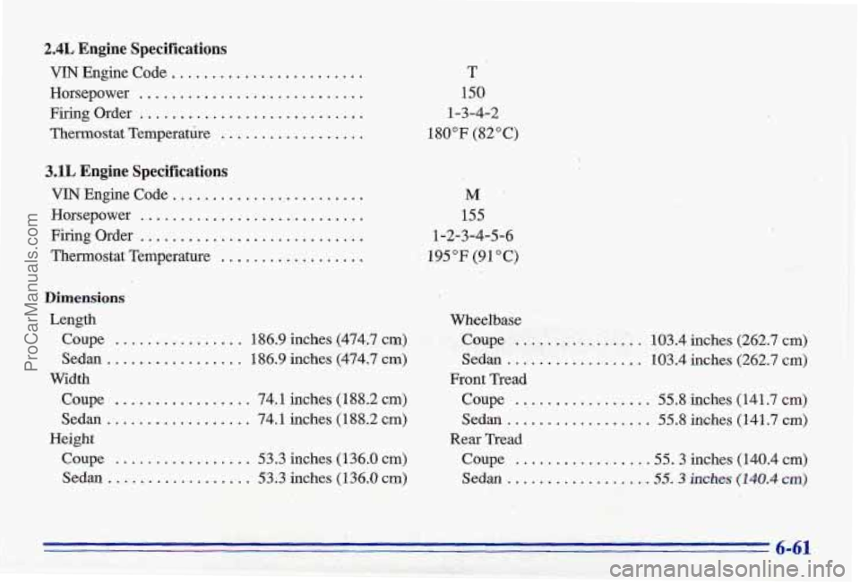 PONTIAC GRAND-AM 1996 Owners Manual 2.4L Engine Specifications
VIN Engine Code .....................
Horsepower ............................
Firing Order ; ...........................
Thermostat Temperature ..................
3 PONTIAC GRAND-AM 1996 Owners Manual 2.4L Engine Specifications
VIN Engine Code .....................
Horsepower ............................
Firing Order ; ...........................
Thermostat Temperature ..................
3