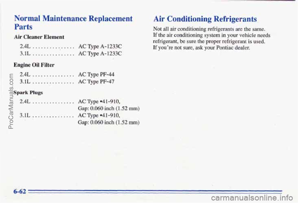PONTIAC GRAND-AM 1996  Owners Manual . ’ Normal  Maintenance  Replacement Parts 
Air  Cleaner  Element 
2.4L ............... AC me A-1233.C 
3.1L ................ AC Type A-1233C 
Engine Oil  Filter 
2.4L ............... AC Type PF-44 