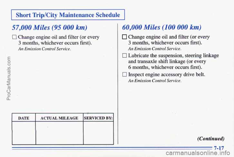 PONTIAC GRAND-AM 1996  Owners Manual I Short  TriplCity  Maintenance Scher 
57,000 Miles (95 000 km) 
c7 Change engine  oil and filter  (or  every 
3 months,  ,whichever  occurs  first). 
An Emission  Control Service. 
DATE SERVICED BY: 