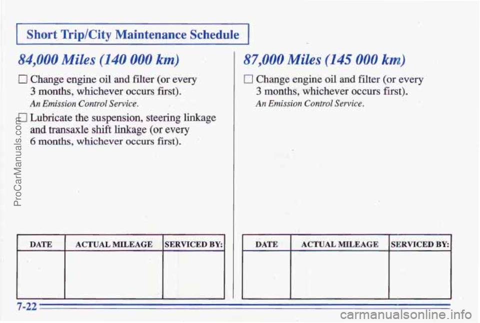 PONTIAC GRAND-AM 1996  Owners Manual Short Trip/City Maintenance Schedule I 
84,000 Miles (140 000. km) 
0 Change engine oil and filter (or every 
3 months, whichever  occurs first). 
An Emission Control Service, 
0 Lubricate the suspens