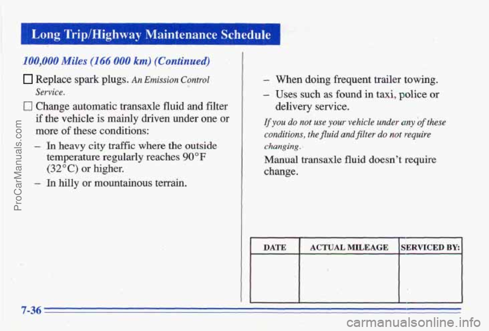 PONTIAC GRAND-AM 1996  Owners Manual 100,QOQ Miles (1 66 000 km) (Continued) 
Replace spark plugs. An Emission Control 
0 Change automatic  transaxle fluid and filter 
if the vehicle  is mainly driven  under one or 
more 
of these condit