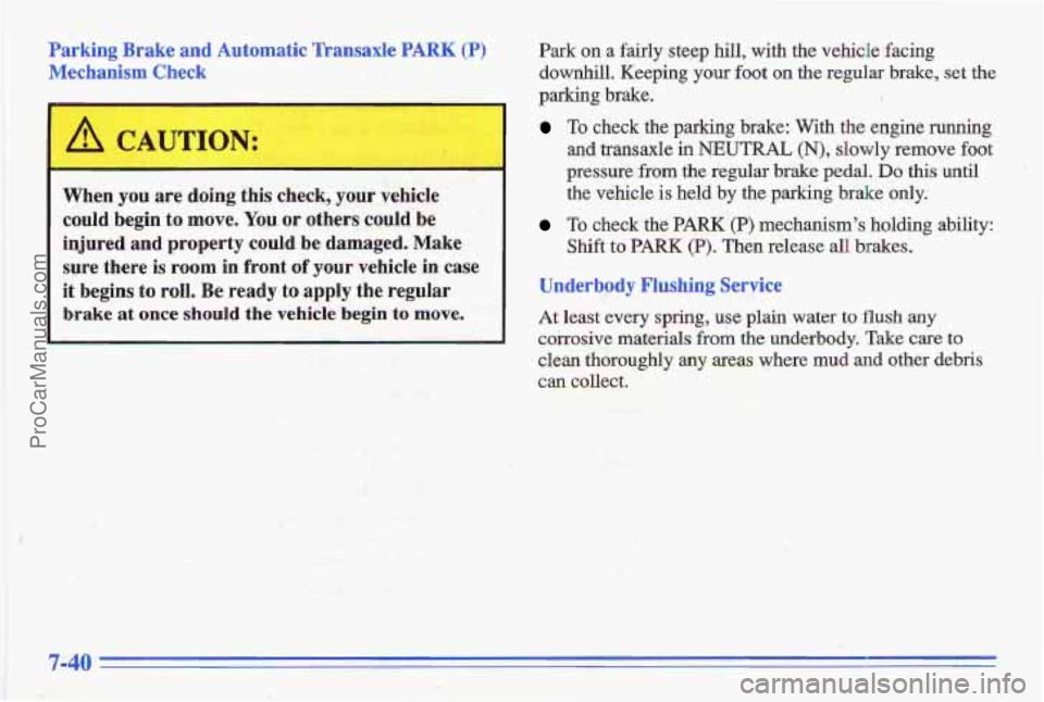 PONTIAC GRAND-AM 1996 Owners Manual I
Parking Brake and Automatic Transaxle PARK (P)
Mechanism Check
1
When you are doing this check, your vehicle
could begin
to move. You or others could be
injured and property could PONTIAC GRAND-AM 1996 Owners Manual I
Parking Brake and Automatic Transaxle PARK (P)
Mechanism Check
1
When you are doing this check, your vehicle
could begin
to move. You or others could be
injured and property could