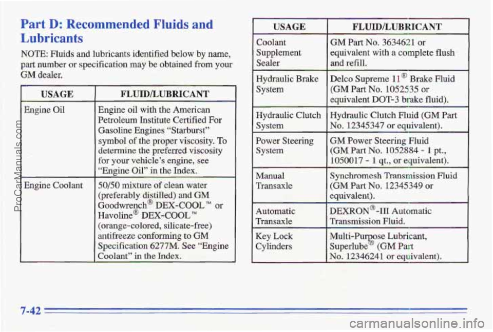 PONTIAC GRAND-AM 1996 Owners Manual Part D: Recommended Fluids and
Lubricants
NOTE: Fluids and lubricants identified below by name,
part number or specification may be obtained from your
GM dealer.
USAGE
Engine Oil
Engine PONTIAC GRAND-AM 1996 Owners Manual Part D: Recommended Fluids and
Lubricants
NOTE: Fluids and lubricants identified below by name,
part number or specification may be obtained from your
GM dealer.
USAGE
Engine Oil
Engine