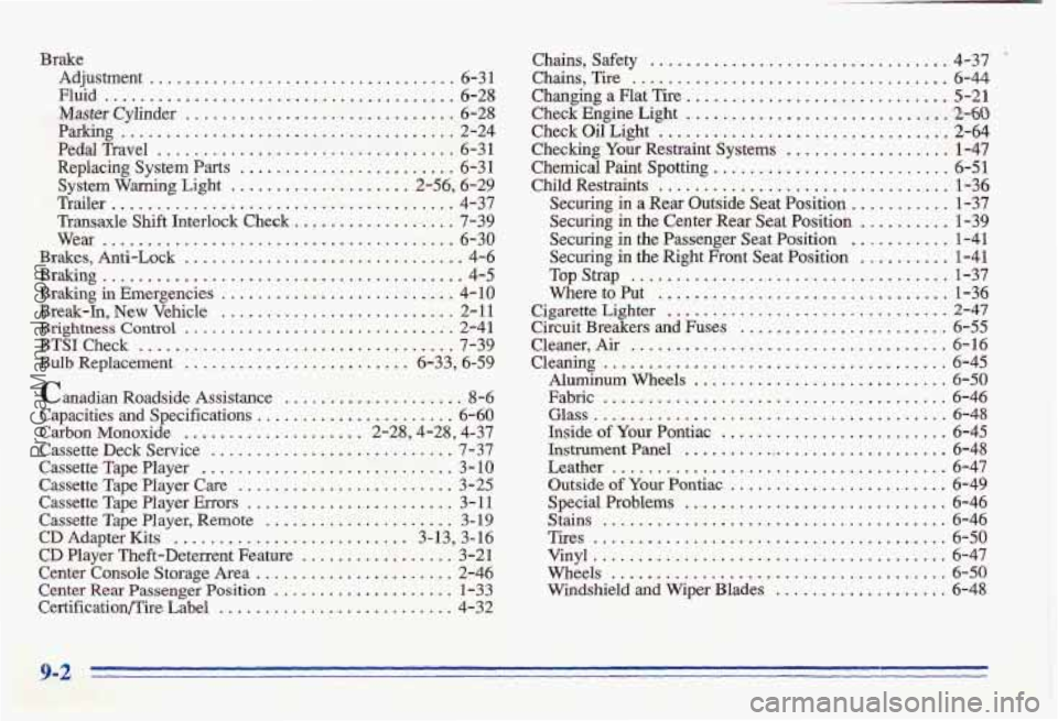 PONTIAC GRAND-AM 1996  Owners Manual Brake Adjustment 
................................... 6-31 
Fluid .................... . .................. 6-28 
Master 
Cylinder ............................... 6-28 
Pedal  Travel 
...............