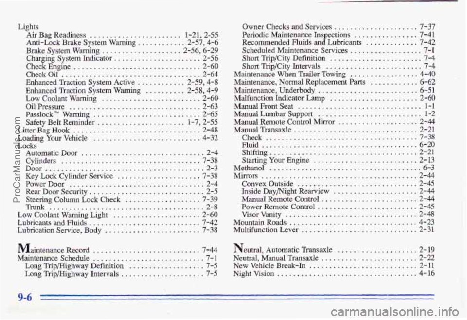 PONTIAC GRAND-AM 1996 Owners Manual Lights Air
Bag Readiness ....................... 1.21. 2.55
Anti-Lock Brake System Warning ............ 2.57. 4.6
Brake System Warning .................... 2.56. 6.29
Charging System Indicator . PONTIAC GRAND-AM 1996 Owners Manual Lights Air
Bag Readiness ....................... 1.21. 2.55
Anti-Lock Brake System Warning ............ 2.57. 4.6
Brake System Warning .................... 2.56. 6.29
Charging System Indicator .