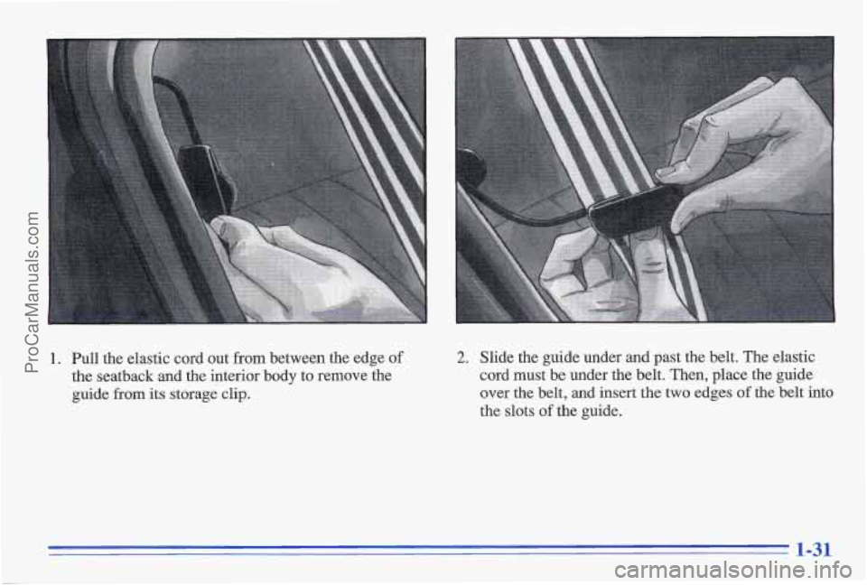 PONTIAC GRAND-AM 1996 Owners Guide 1. Pull the elastic cord out from between the edge of
the seatback and the interior body to remove the
guide
from its storage clip.
2. Slide the guide under and past the belt. PONTIAC GRAND-AM 1996 Owners Guide 1. Pull the elastic cord out from between the edge of
the seatback and the interior body to remove the
guide
from its storage clip.
2. Slide the guide under and past the belt.