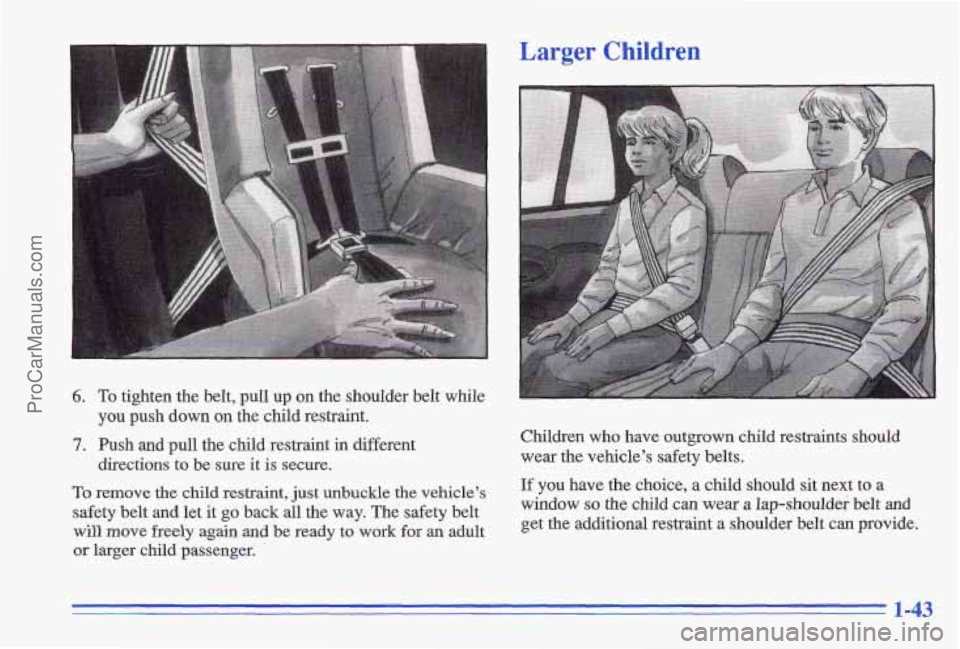 PONTIAC GRAND-AM 1996 Workshop Manual Larger Children
6. To tighten the belt, pull up on the shoulder belt while
7. Push and pull the child restraint in different
To remove the child restraint, just unbuckle the vehicl PONTIAC GRAND-AM 1996 Workshop Manual Larger Children
6. To tighten the belt, pull up on the shoulder belt while
7. Push and pull the child restraint in different
To remove the child restraint, just unbuckle the vehicl