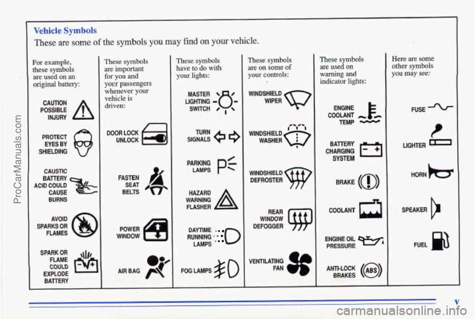 PONTIAC GRAND-AM 1996  Owners Manual For example, 
these symbols 
me used on an 
original  battery: 
POSSIBLE A 
CAUTION 
INJURY 
PROTECT  EYES  BY 
SHIELDING 
CAUSTIC 
ACID  COULD  BAllERY 
CAUSE 
BURNS 
AVOID 
SPARKS  OR  FLAMES 
FLAME