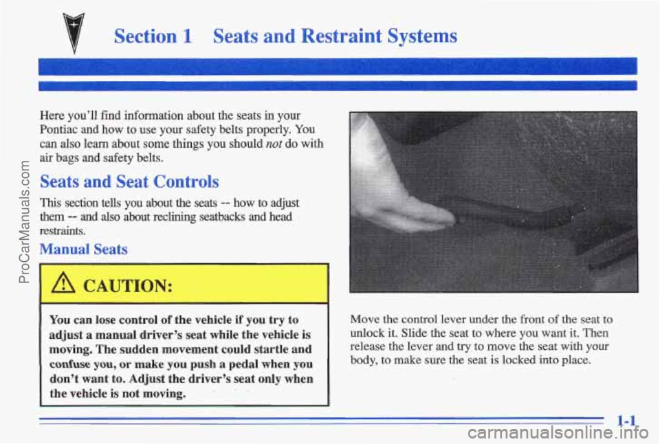 PONTIAC GRAND-AM 1996  Owners Manual Section 1 Seats  and Restraint Systems 
Here  you’ll  find  information  about  the  seats  in  your 
Pontiac  and  how 
to use your safety  belts  properly. You 
can also learn about  some  things 