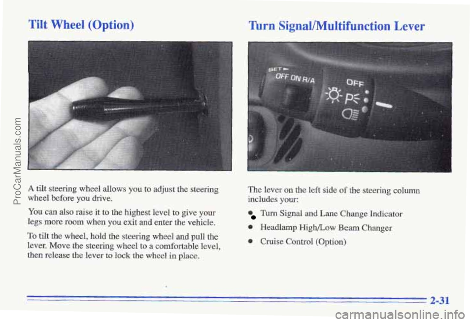 PONTIAC GRAND-AM 1996 Manual Online Tilt Wheel (Option)
A tilt steering wheel allows you to adjust the steering
wheel before you drive.
You can also raise it to the highest level to give your
legs more room when PONTIAC GRAND-AM 1996 Manual Online Tilt Wheel (Option)
A tilt steering wheel allows you to adjust the steering
wheel before you drive.
You can also raise it to the highest level to give your
legs more room when