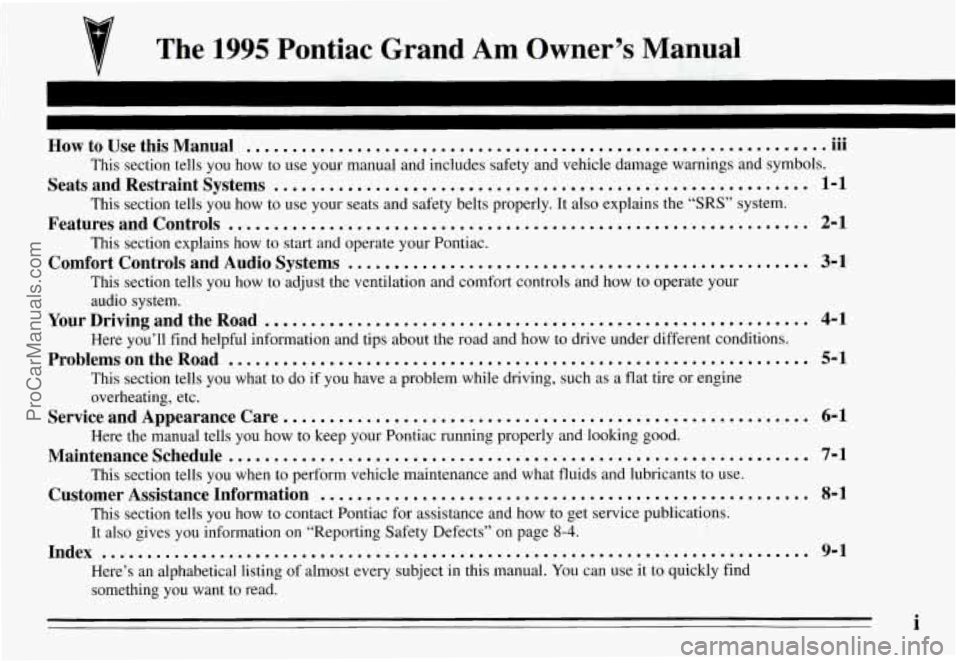 PONTIAC GRAND-AM 1995  Owners Manual v The 1995 Pontiac Grand Am Owner’s  Manual 
... How to  Use  this  Manual .............................................................. .111 
Seats  and  Restraint  Systems .......................