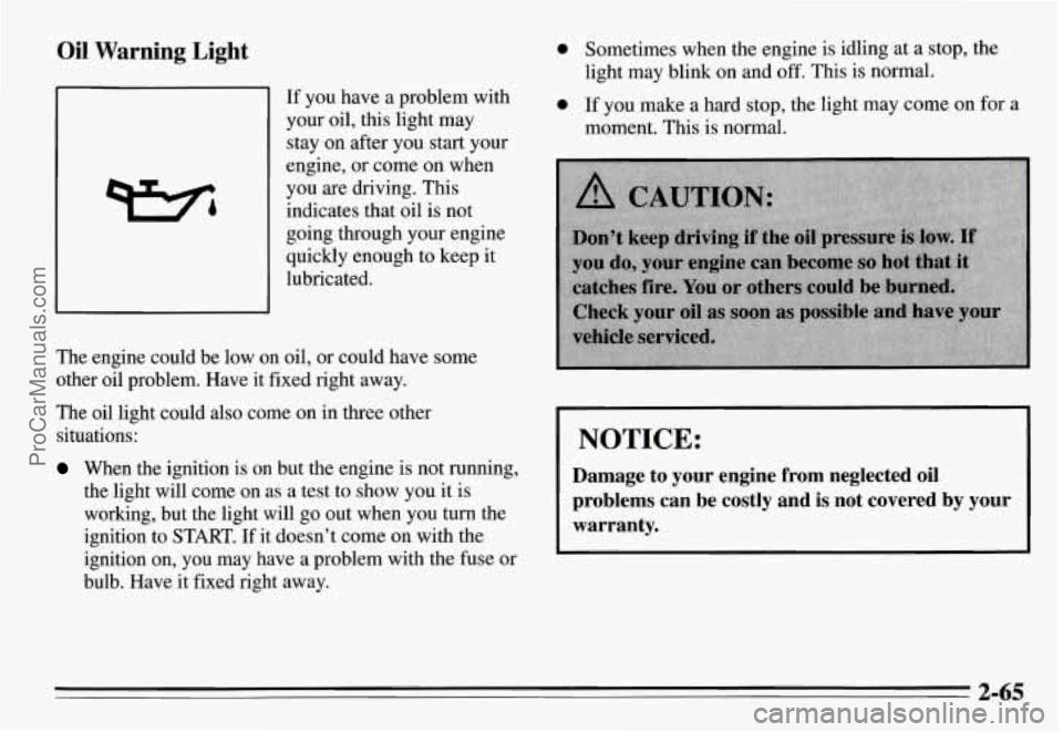 PONTIAC GRAND-AM 1995  Owners Manual Oil Warning Light 
If  you  have  a  problem  with your  oil,  this  light  may 
stay  on after  you  start  your 
engine,  or come  on when 
you 
are driving.  This 
indicates  that  oil is not 
goin
