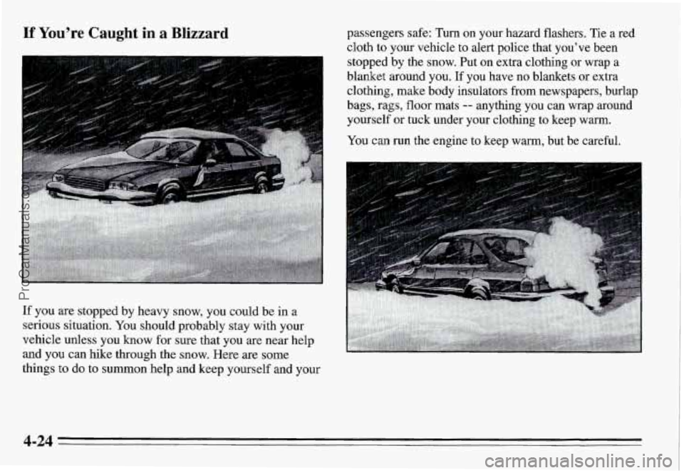 PONTIAC GRAND-AM 1995 Owners Manual If You’re Caught in a Blizzard
If you are stopped by heavy snow, you could be in a
serious situation. You should probably stay with your
vehicle unless you
know for sure that y PONTIAC GRAND-AM 1995 Owners Manual If You’re Caught in a Blizzard
If you are stopped by heavy snow, you could be in a
serious situation. You should probably stay with your
vehicle unless you
know for sure that y