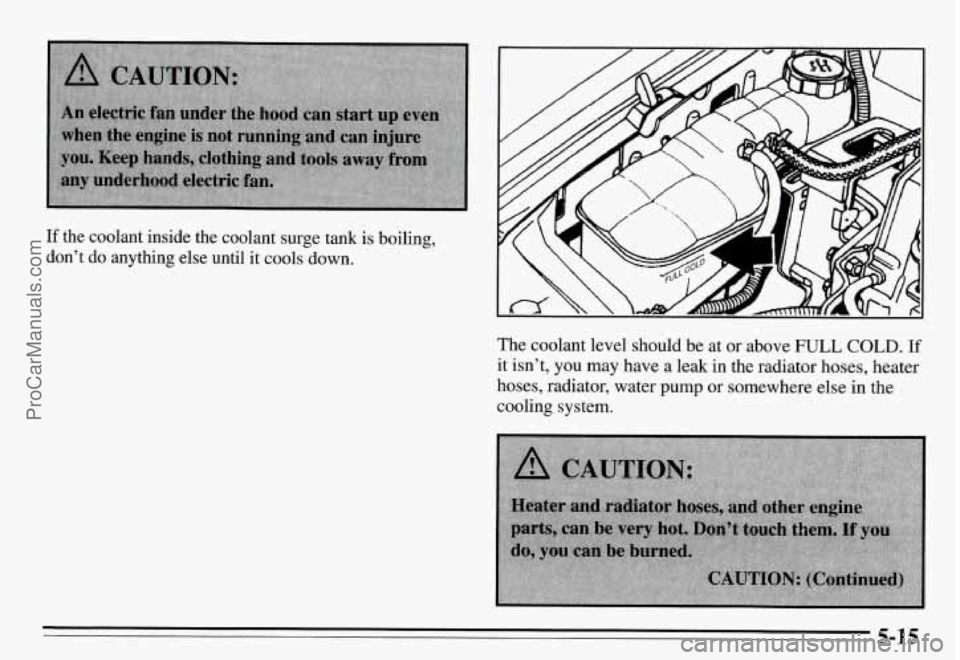 PONTIAC GRAND-AM 1995  Owners Manual If the  coolant  inside  the  coolant  surge tank is boiling, 
don’t 
do anything  else until it cools down. 1 
The  coolant level  should  be  at  or  above FULL COLD. If 
it isn’t,  you  may  ha