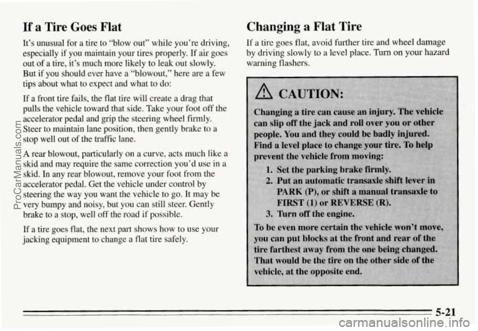 PONTIAC GRAND-AM 1995  Owners Manual If a Tire  Goes  Flat 
It’s  unusual  for  a  tire  to “blow  out’’  while  you’re  driving, 
especially  if  you maintain  your  tires  properly.  If  air goes 
out  of a  tire,  it’s  mu