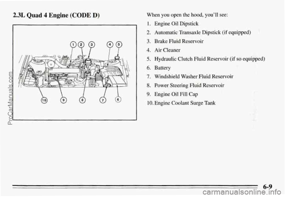 PONTIAC GRAND-AM 1995  Owners Manual 2.3L Quad 4 Engine  (CODE  D) 
PO ?? 
When  you  open the hood, youll see: 
1. 
2. 
3. 
4. 
5. 
6. 
7. 
8. 
9. 
Engine Oil Dipstick 
Automatic  Transaxle Dipstick  (if equipped) 
Brake  Fluid Reservo