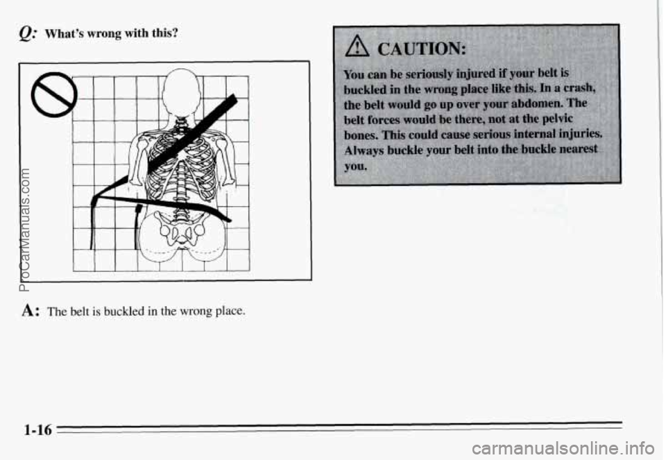PONTIAC GRAND-AM 1995 Owners Manual Q: What’s  wrong  with  this? 
I 
I 
A: The belt is buckled in the wrong place. 
1-16 
ProCarManuals.com 
