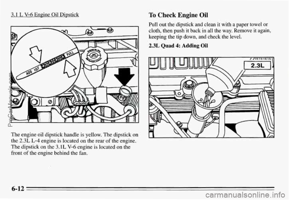 PONTIAC GRAND-AM 1995 Owners Manual 3.1 L V-6 Engine Oil Dipstick
The engine oil dipstick handle is yellow. The dipstick on
the
2.3L L-4 engine is located on the rear of the engine.
The dipstick on the
3.1L V-6 eng PONTIAC GRAND-AM 1995 Owners Manual 3.1 L V-6 Engine Oil Dipstick
The engine oil dipstick handle is yellow. The dipstick on
the
2.3L L-4 engine is located on the rear of the engine.
The dipstick on the
3.1L V-6 eng