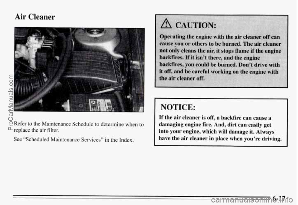 PONTIAC GRAND-AM 1995 Owners Manual Air Cleaner
Refer to the Maintenance Schedule to determine when to
replace the air filter.
See “Scheduled Maintenance Services” in the Index.
NOTICE:
If the air cleaner is o PONTIAC GRAND-AM 1995 Owners Manual Air Cleaner
Refer to the Maintenance Schedule to determine when to
replace the air filter.
See “Scheduled Maintenance Services” in the Index.
NOTICE:
If the air cleaner is o