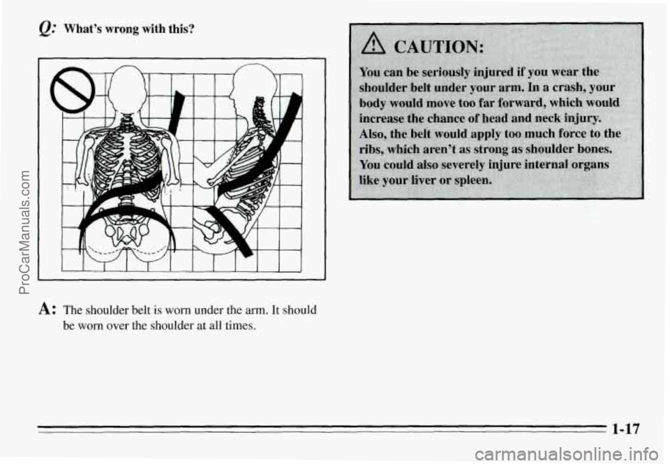 PONTIAC GRAND-AM 1995 Owners Manual &: Whats wrong with this? 
I 
A: The shoulder belt is worn under the arm. It should 
be worn over the shoulder at all times. 
1-17 
ProCarManuals.com 