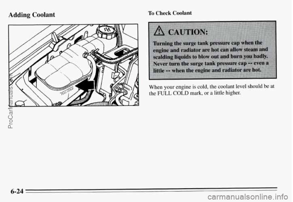 PONTIAC GRAND-AM 1995 Owners Manual Adding Coolant To Check Coolant
When your engine is cold, the coolant level should be at
the
FULL COLD mark, or a little higher.
6-24
ProCarManuals.com PONTIAC GRAND-AM 1995 Owners Manual Adding Coolant To Check Coolant
When your engine is cold, the coolant level should be at
the
FULL COLD mark, or a little higher.
6-24
ProCarManuals.com