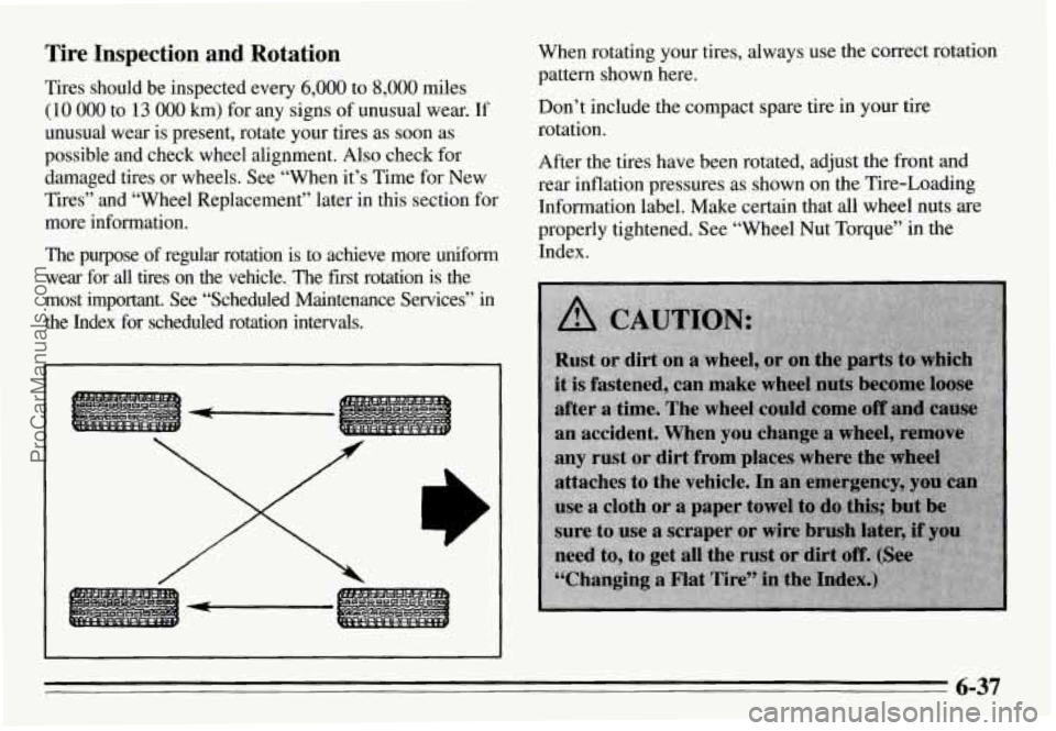 PONTIAC GRAND-AM 1995 Owners Manual Tire Inspection and Rotation
Tires should be inspected every 6,000 to 8,000 miles
(1 0 000 to 13 000 km) for any signs of unusual wear. If
unusual wear is present, rotate your tire PONTIAC GRAND-AM 1995 Owners Manual Tire Inspection and Rotation
Tires should be inspected every 6,000 to 8,000 miles
(1 0 000 to 13 000 km) for any signs of unusual wear. If
unusual wear is present, rotate your tire