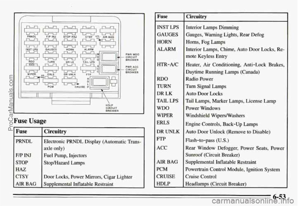 PONTIAC GRAND-AM 1995 Owners Manual I Fuse
PRNDL
F/P INJ
STOP
HAZ
CTSY
AIR BAG
- CIRCUIT PWR WDO
BREAKER
PWR ACC
BREAKER - CIRCUIT
Circuitry
Electronic PRNDL Display (Automatic Trans-
axle only)
Fuel Pump, Injector PONTIAC GRAND-AM 1995 Owners Manual I Fuse
PRNDL
F/P INJ
STOP
HAZ
CTSY
AIR BAG
- CIRCUIT PWR WDO
BREAKER
PWR ACC
BREAKER - CIRCUIT
Circuitry
Electronic PRNDL Display (Automatic Trans-
axle only)
Fuel Pump, Injector