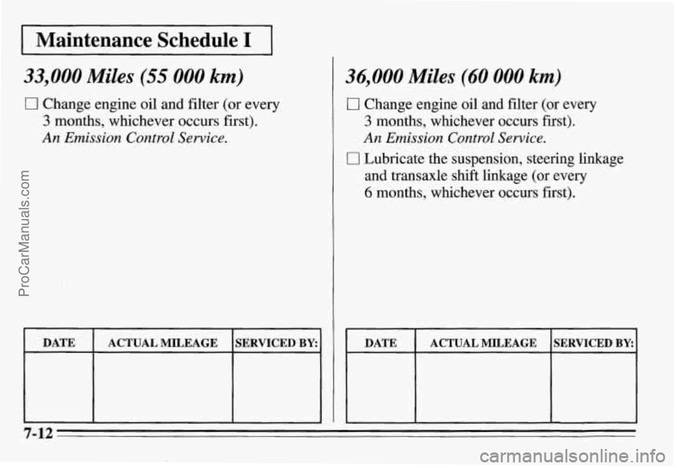 PONTIAC GRAND-AM 1995  Owners Manual I Maintenance Schedule I I 
33,000 Miles (55 000 km) 
0 Change engine oil and filter (or every 
3 months, whichever occurs first). 
An Emission  Control Service. 
m 
ACTUAL  MILEAGE  SERVICED BY: 
36,