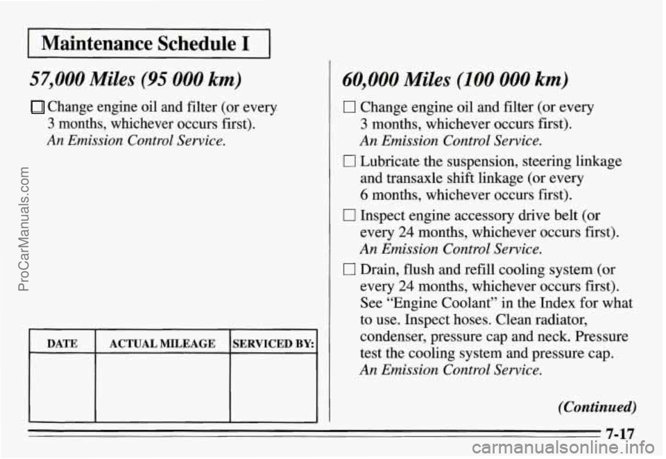PONTIAC GRAND-AM 1995  Owners Manual I Maintenance  Schedule I I 
57,000 Miles (95  000 km) 
Change  engine  oil  and filter (or every 
3 months,  whichever occurs first). 
An Emission  Control  Service. 
DATE 
SERVICED BY: ACTUAL  MILEA