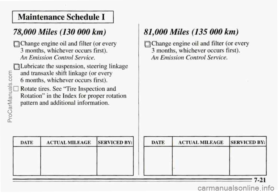 PONTIAC GRAND-AM 1995  Owners Manual I Maintenance  Schedule I I 
78,000 Miles (130 000 km) 
Change  engine  oil  and filter (or  every 
3 months,  whichever  occurs  first). 
An Emission  Control  Service. 
Lubricate  the  suspension,  
