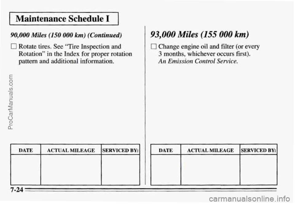 PONTIAC GRAND-AM 1995 Owners Manual I Maintenance Schedule I I
90,000 Miles (150 000 km) (Continued)
0 Rotate tires. See “Tire Inspection and
Rotation” in the Index for proper rotation
pattern and additional information PONTIAC GRAND-AM 1995 Owners Manual I Maintenance Schedule I I
90,000 Miles (150 000 km) (Continued)
0 Rotate tires. See “Tire Inspection and
Rotation” in the Index for proper rotation
pattern and additional information