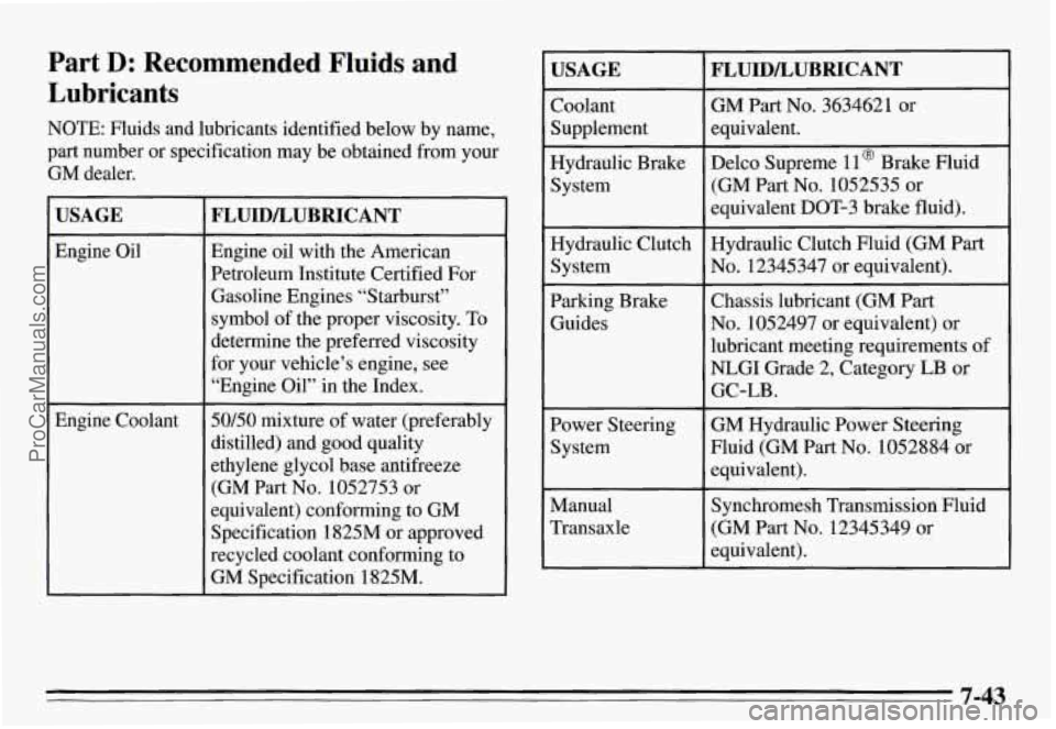 PONTIAC GRAND-AM 1995 Owners Manual Part D: Recommended Fluids and
Lubricants
NOTE: Fluids and lubricants identified below by name,
part number or specification may be obtained from your
GM dealer.
USAGE ~~
Engine PONTIAC GRAND-AM 1995 Owners Manual Part D: Recommended Fluids and
Lubricants
NOTE: Fluids and lubricants identified below by name,
part number or specification may be obtained from your
GM dealer.
USAGE ~~
Engine