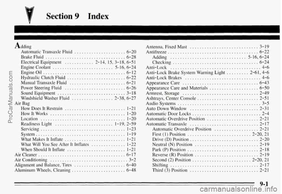 PONTIAC GRAND-AM 1995 Owners Manual 7 Section 9 Index
Adding
Automatic Transaxle Fluid .................... 6-20
Brake Fluid ................................. 6-28
Electrical Equipment ............ 2- 14. 15. 3- 18. 6-5 I
Engin PONTIAC GRAND-AM 1995 Owners Manual 7 Section 9 Index
Adding
Automatic Transaxle Fluid .................... 6-20
Brake Fluid ................................. 6-28
Electrical Equipment ............ 2- 14. 15. 3- 18. 6-5 I
Engin