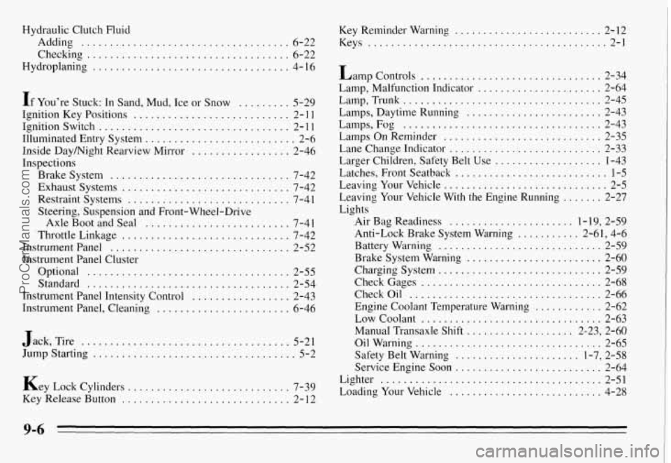 PONTIAC GRAND-AM 1995  Owners Manual Hydraulic Clutch  Fluid 
Adding .................................... 6-22 
Checking 
................................... 6-22 
Hydroplaning 
.................................. 4-16 
If You’re  Stuck