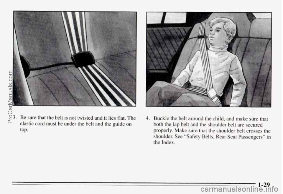 PONTIAC GRAND-AM 1995 Owners Guide 3. Be sure that the belt is not twisted and it lies flat. The
elastic cord must be under
the belt and the guide on
top.
4. Buckle the belt around the child, and make sure that PONTIAC GRAND-AM 1995 Owners Guide 3. Be sure that the belt is not twisted and it lies flat. The
elastic cord must be under
the belt and the guide on
top.
4. Buckle the belt around the child, and make sure that