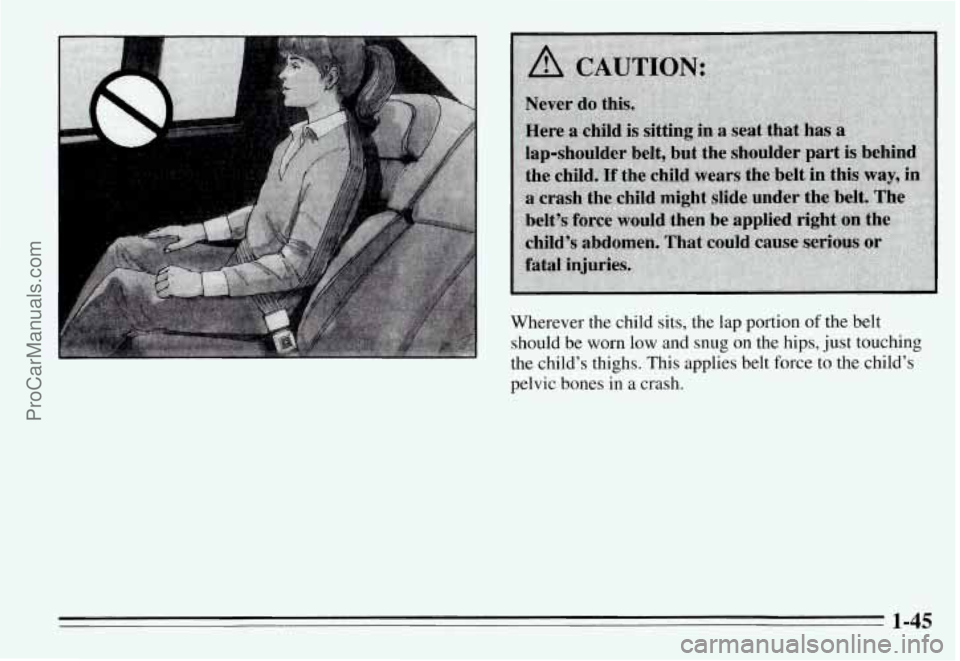 PONTIAC GRAND-AM 1995 Workshop Manual t
Wherever the child sits, the lap portion of the belt
should be
worn low and snug on the hips, just touching
the child’s thighs. This applies belt force to the child’s
pelvic bon PONTIAC GRAND-AM 1995 Workshop Manual t
Wherever the child sits, the lap portion of the belt
should be
worn low and snug on the hips, just touching
the child’s thighs. This applies belt force to the child’s
pelvic bon